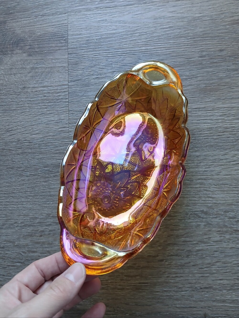 Vintage Indiana Glass Marigold Carnival Glass "Lily Pons" Oval Relish Dish